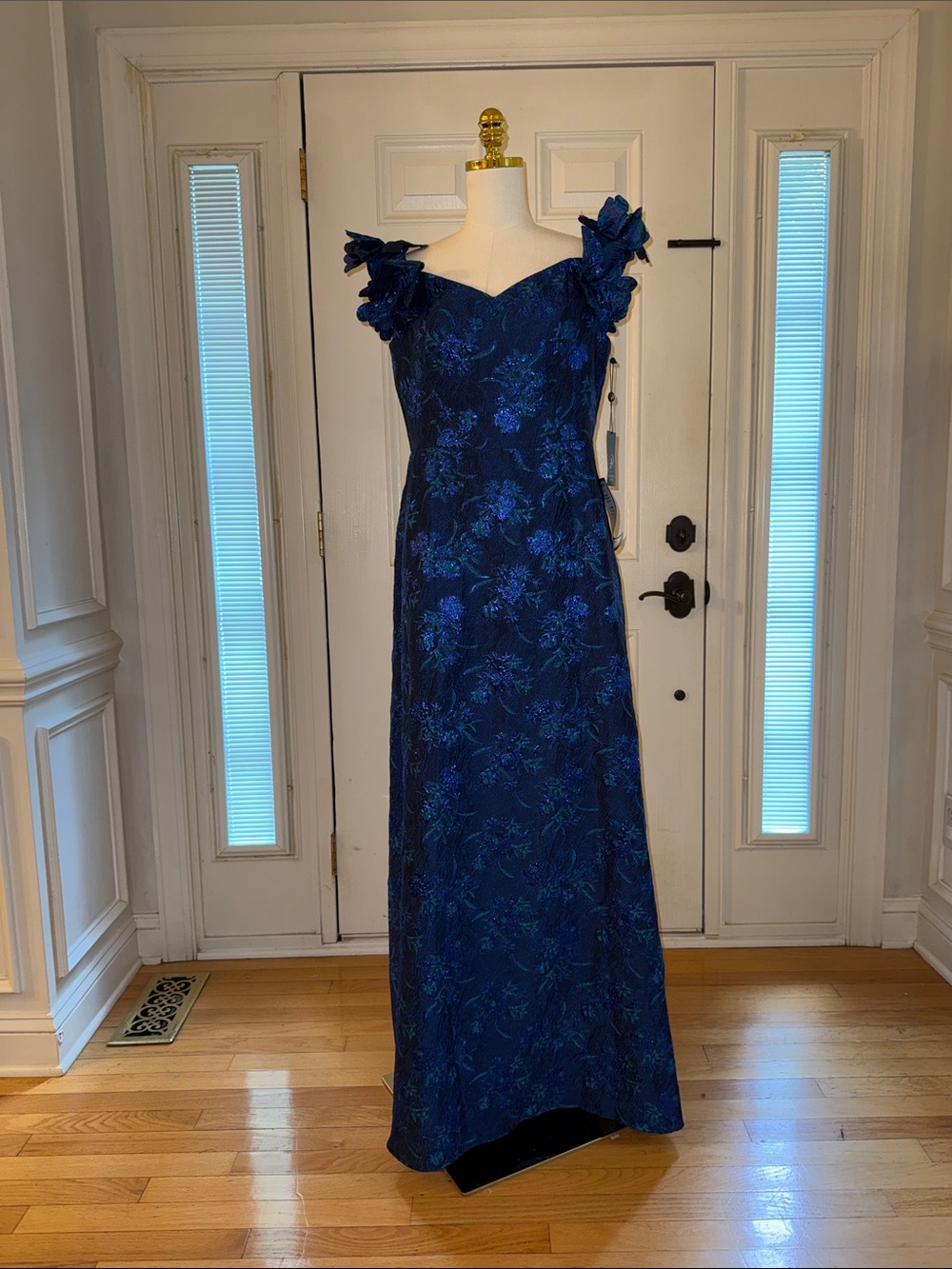 Adrianna Papell Midnight Blue Floral Off-Shoulder Gown